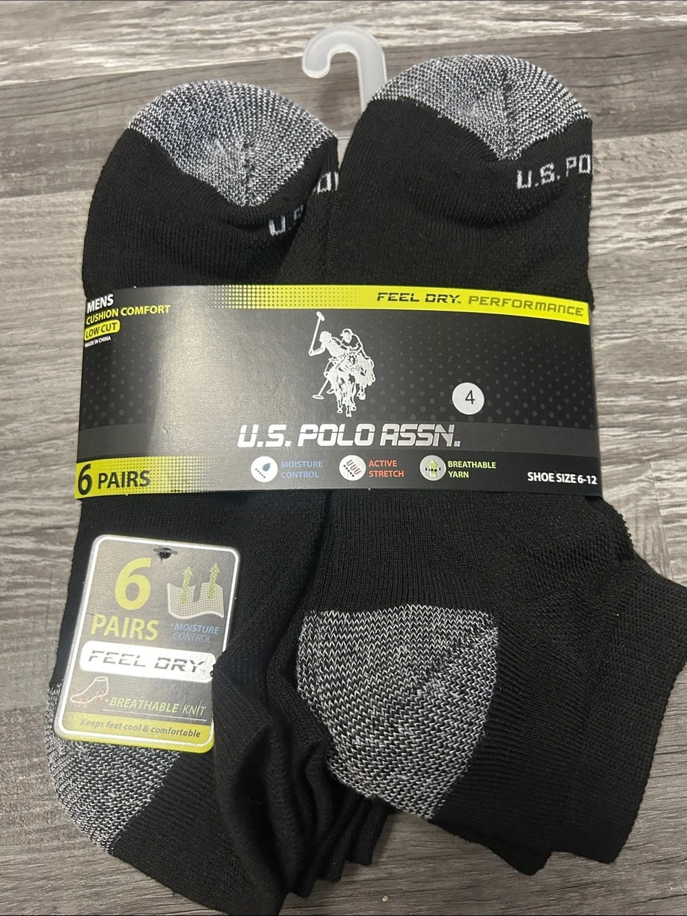 U.S. Polo Assn. Black Low-Cut Athletic Socks with Gray Accents - 6 Pack